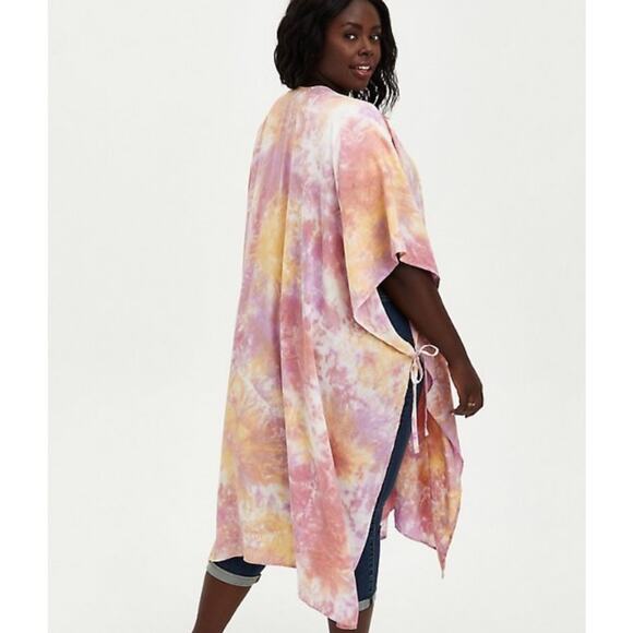 Torrid Pink Tie Dye Side Tie Open Front Long Ruana Kimono One Size NWT - Picture 3 of 8